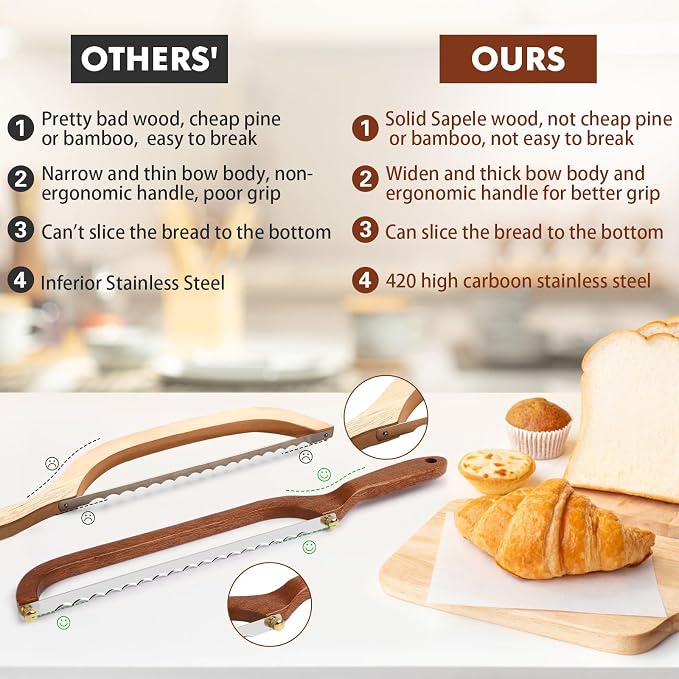 Bread Slicer for Homemade Bread - Wooden Sourdough Bread Knife with Bow Design - Premium Stainless Steel Serrated Saw Bread Cutter for Bagels, Baguettes Vegetables, Sandwich, Fruits with 2 Blades