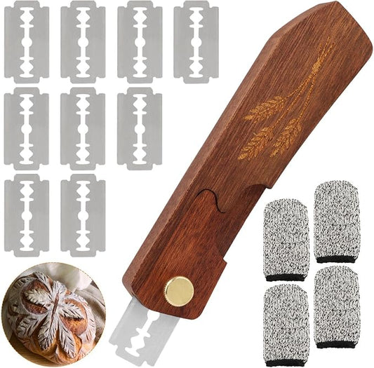 Wooden Bread Dough Scoring Lame, Upgraded Handcrafted Sourdough Bread Scoring Tool with 10 Pack Razor Blades and 4 Pcs Finger Cots, Professional Baking Accessory (Brown)