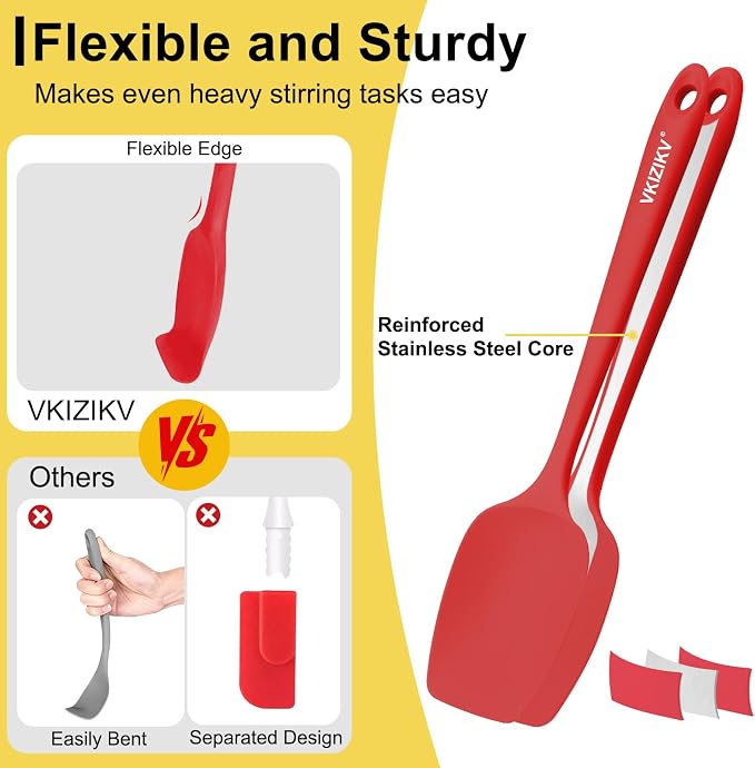 Silicone Spatula Set, 11.4 in, 600°F Heat Resistant (Red) | Food Grade Rubber, BPA Free, Stainless Steel Core, Flexible for Cooking, Baking, Mixing, Seamless, Nonstick & Dishwasher Safe