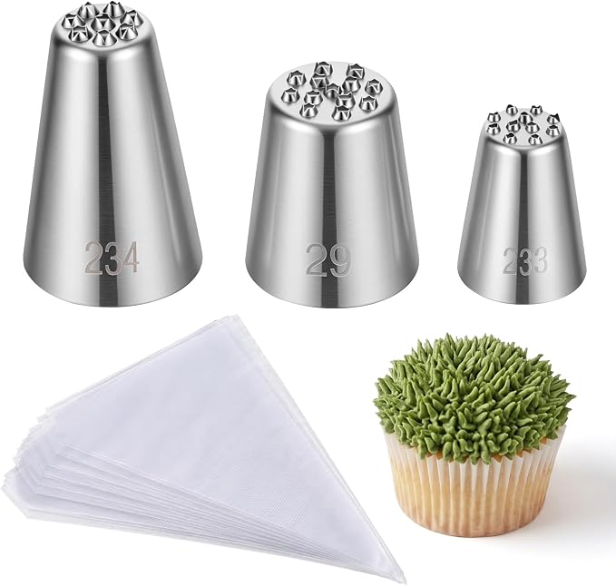3 Pcs Grass Piping Tip for Cake Decorating Stainless Steel Frosting Icing Tip Large Icing Nozzles Tips Decoration Tool with 10 Pcs Piping Bags for Cupcakes Cookie Cake DIY Baking Buttercream Pastry