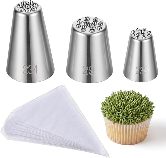 3 Pcs Grass Piping Tip for Cake Decorating Stainless Steel Frosting Icing Tip Large Icing Nozzles Tips Decoration Tool with 10 Pcs Piping Bags for Cupcakes Cookie Cake DIY Baking Buttercream Pastry