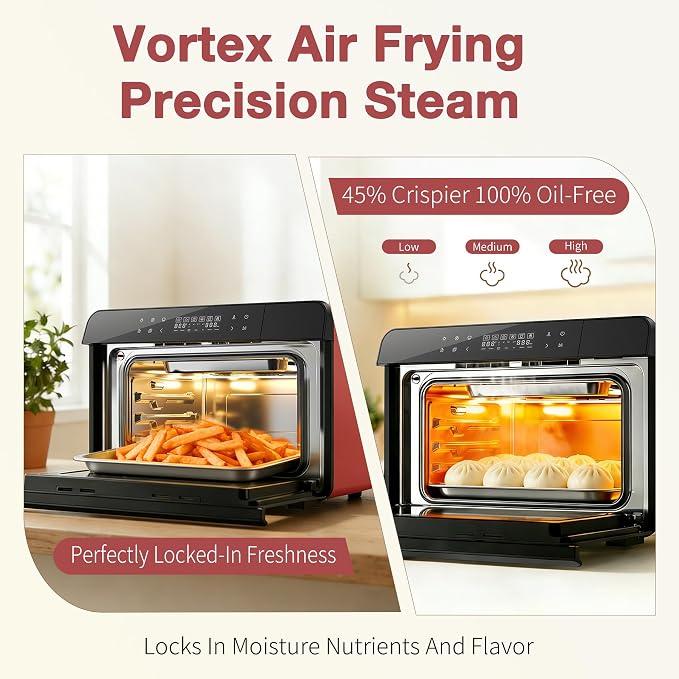 ROBAM Toaster Air Fryer Combi Oven, Countertop Steam Oven 14-in-1 with Convection Steam Roast & Bake, Multi-Stage Cooking, Self-Clean, 7 Modes, 30 Built-In Recipes, for Kitchen Pizza Baking (Red)