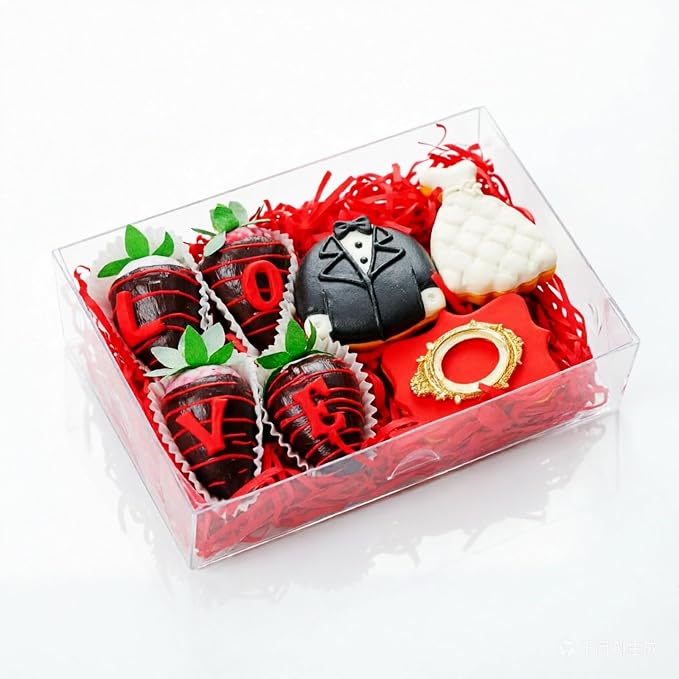 RomanticBaking 10PCS 8x5x2 Inch Full Clear Chocolate Covered Strawberries Boxes Perfect for Displaying Treats,Oreos, Cookies,Macaron, Cakesickle, Donut, Mini Bakery, Brownie, Dessert