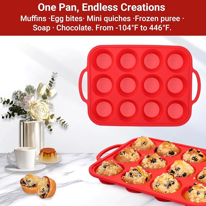 Silicone Muffin Pans for Baking 12 Cup with Metal Reinforced Frame, Nonstick 2Pack Regular Size Homemade Cupcake Pan, BPA Free Food Grade, Easy Release, Dishwasher Oven Freezer Safe for Egg Bite Molds