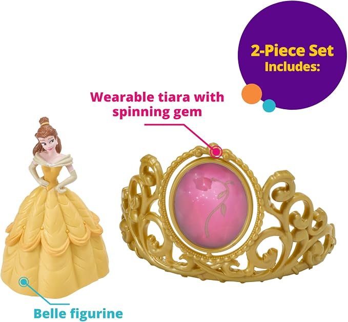DecoSet® Disney Princess Belle Beautiful As A Rose Cake Topper, 2-Piece Decorations Set with Belle Figurine and Golden Tiara with Spinning Jewel, Beauty and the Beast Cake Decoration