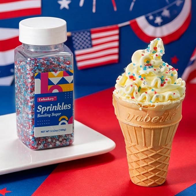 Red White and Blue Sprinkles - Patriotic Sanding Sugar with Silver Edible Glitter Stars for 4th of July Cake Decorating, Cupcake Topper & Baking Supplies 3.5 oz - USA Colors for Independence Day