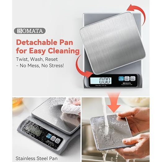BOMATA 0.1g/ 13lb Food Scale, USB Rechargeable, Digital Kitchen Scale with Removable Stainless Steel Pan, Backlit LCD Display, for Cooking, Baking B621 Grey