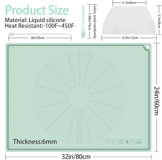 Silicone Baking Mat 32" x 24", Extra Thick Non-stick Pastry Mat with Measurements and Edge Heightening, Food Grade Silicone for Countertop Dough Rolling (With Dough Scraper/Pastry Brush/Cable Tie)