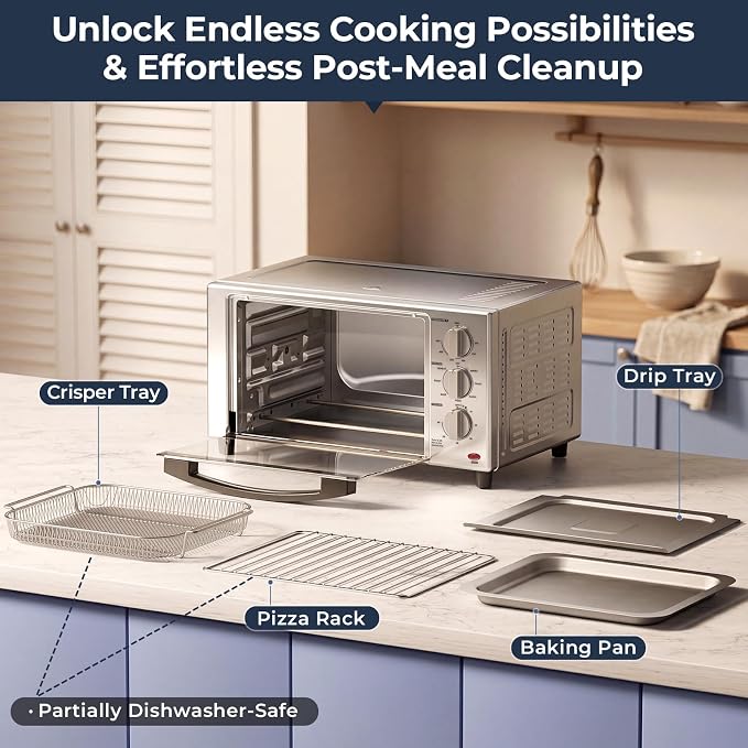 Air Fryer Toaster Oven with Grill, 23 QT Quiet Convection Oven Countertop, 7 Presets, Air Fry, Toast, Bagel, Bake, Roast, Fits 12" Pizza, Stainless Steel