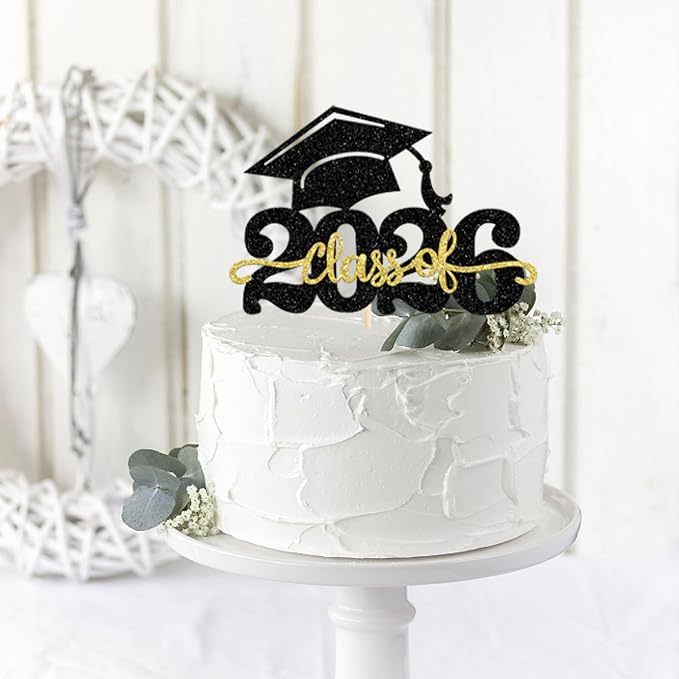 1 Pack Class of 2026 Cake Topper Glitter Congrats Grad Cap 2026 Graduation Cake Pick for 2026 Graduation Theme High School Boys Girls Graduate Party Cake Decorations Supplies Black Gold