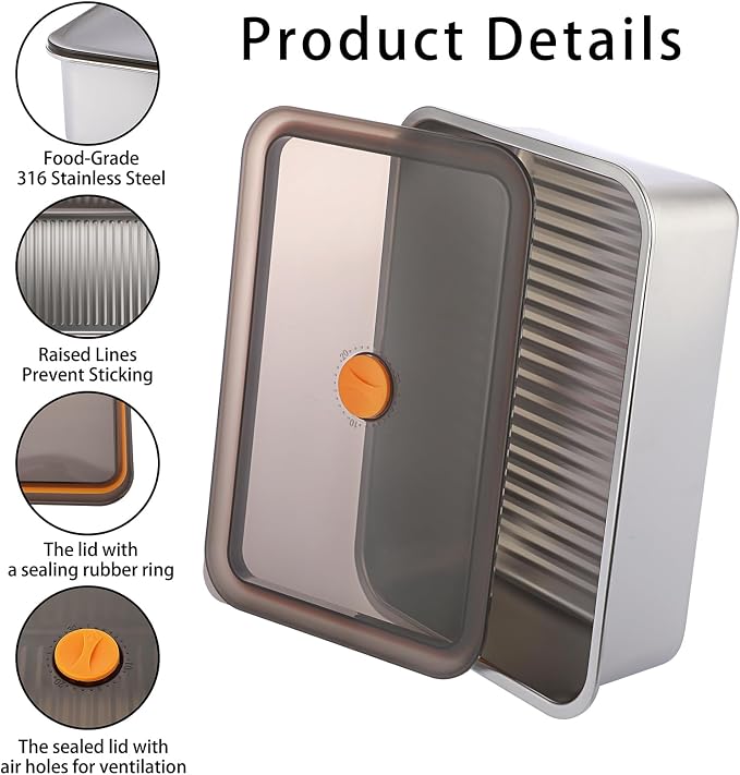 BSTKEY Pizza Dough Proofing Box, Stainless Steel Rectangle Food Storage Box Container with Leak Proof & Airtight Lid, 11.8 x 8.3Inch Large Capacity Household Pizza Dough Container