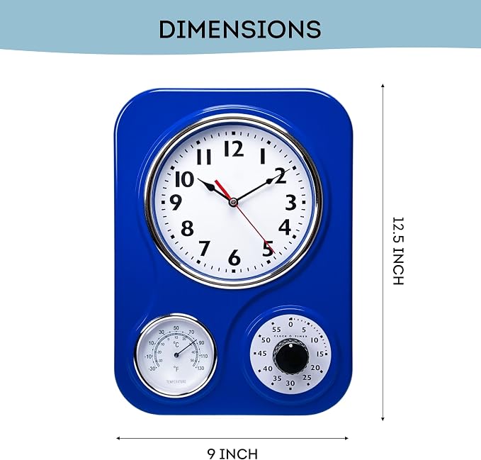 Lily's Home - 9 Inch x 12.5 Inch- Retro Kitchen Wall Clock, Vintage Wall Clock with a Thermometer and 60-Minute Timer, Ideal for Any Kitchen, Office, or Diner (Dark Blue)