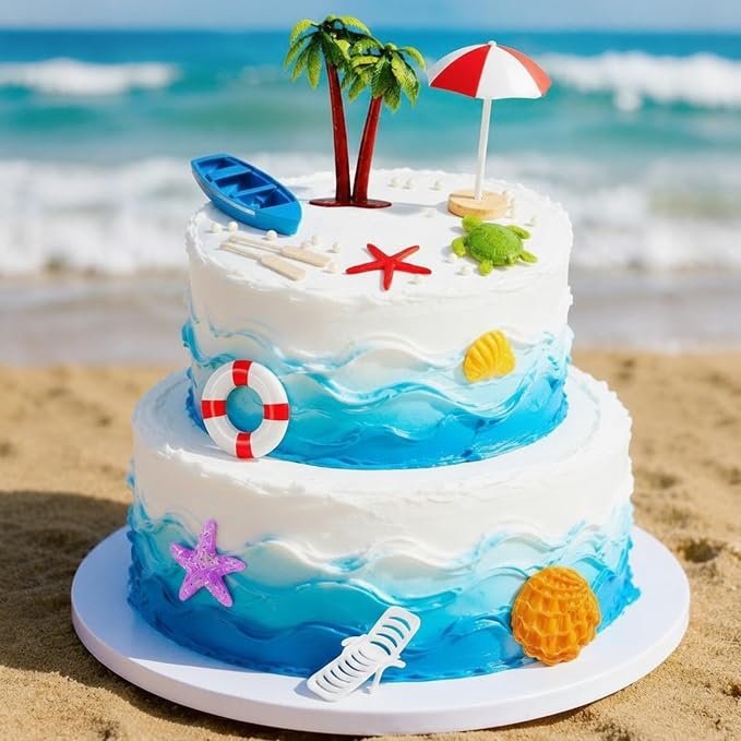 Patelai 12 Pcs Hawaiian Beach Cake Decoration Summer Beach Chair Umbrella Cake Tropical Green Palm Tree Toppers for Hawaiian Pool Party Birthday Wedding Baby Shower Luau Party Decoration Supplies