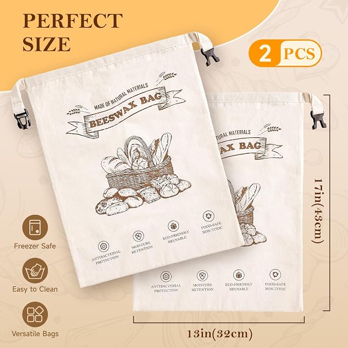 Beeswax Bread Bags for Homemade Bread, 2 Packs XL Reusable Cotton Linen Sourdough Bread Bags to Keep Bread Fresh, Airtight Drawstring Seal Reusable Food Storage Bags for Homesteading & Baking