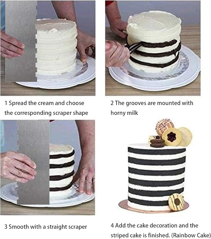 3 Pieces 8.7 Inche Stainless Steel Cake Scraper，Double Sided Patterned Edge Stripe Edge Smoother Scraper Cake Decorating，Cake Decorating Comb Cake Scraper (3, 3)