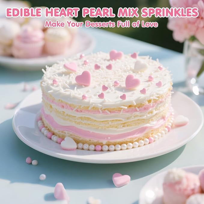 Edible Heart Sprinkles for Cake Decorating,White Pink Pearl Sugar Jimmies Mix Size 130g/4.58oz,Baking Candy Decorations,Cupcake Toppers,Cookie Donuts Ice Cream Dessert Decorating,Wedding Birthday Party Supplies