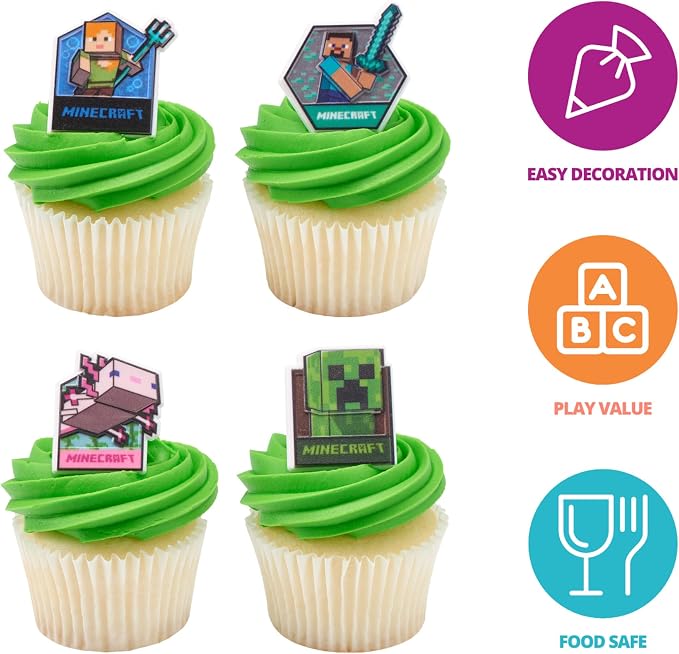 DecoPac Minecraft Lush Finds Rings, Cupcake Decorations Featuring Creeper, Alex, Steve and Axolotl! Multicolored 3D Food Safe Cake Toppers – 24 Count (Pack of 2)