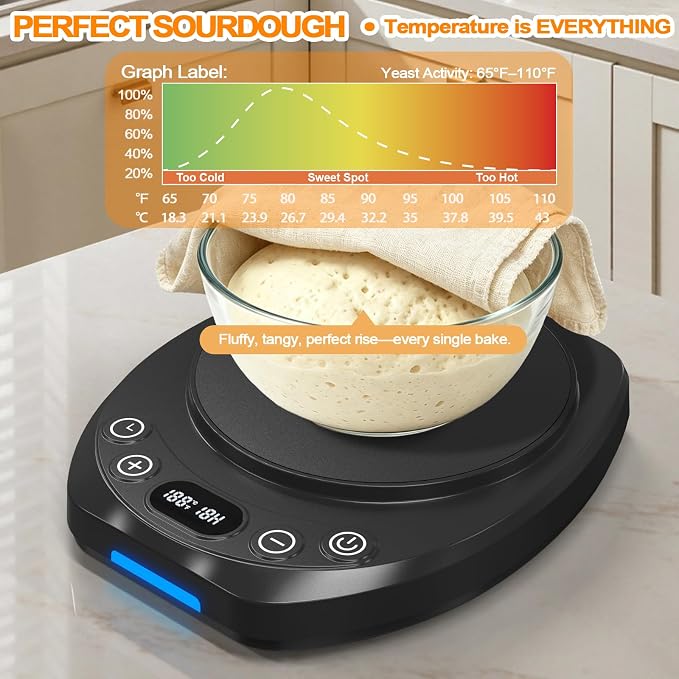 Sourdough Starter Warmer Mat,65-110°F 1°F Precision, 24H Timer & Memory, Electric Heating Mat for 24-40oz Jars, Home Baking（Black）