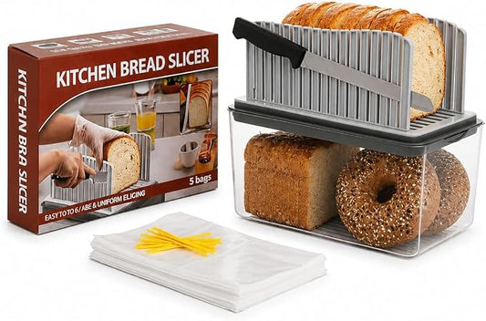 Bread Slicer for Homemade Bread, Foldable Manual Bread Slicer with Crumb Tray & Adjustable Slicing Guide, Professional Free Bread Cutter for Sourdough, Sandwich Bread, & Cakes, Compact Kitchen