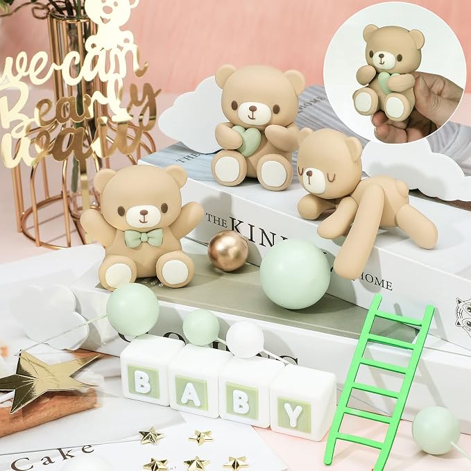 Yinder Bear Cake Toppers Mini Bear Cake Decorations Cake Toppers Gold White Pearl Ball for Birthday Party Decorations(Green, Brown,Cute Style)