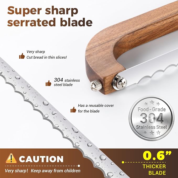 Sourdough bread knife,Bread Slicer for Homemade Bread,Adjustable blade tightness for Even Slicing, Serrated knife,Wooden Bread cutter with Bow Design (3, brown)