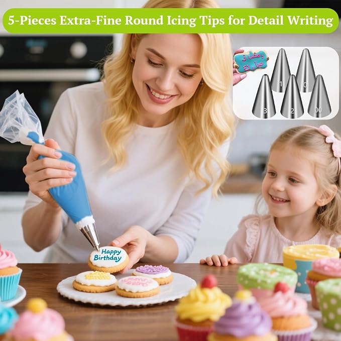 Suuker Extra-Fine Round Piping Tips Set, 5 Pieces | Seamless Stainless Steel, Small Icing Tips, Cake Decorating, Cake Writing Tool