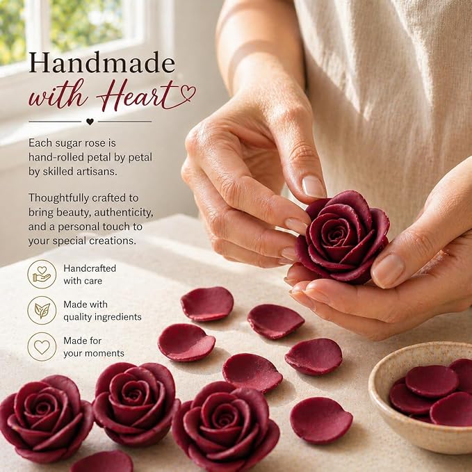 Confect Edible Deep Burgundy Rose Toppers – Edible Roses for Cake & Cupcake Decorations, Perfect for Weddings & Special Occasions- Vegan, Gluten-Free, Dairy-Free, Palm Oil-Free - Pack of 12