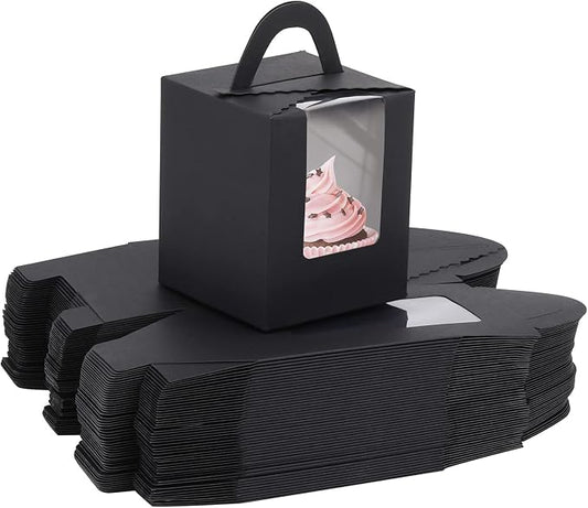 acDesign 100Pcs Cupcake Boxes With Window 3.6in*3.6in*4.3in Single Individual Cupcake Boxes With Handle and Inserts for Wedding Birthday Party Treats Gift,Black