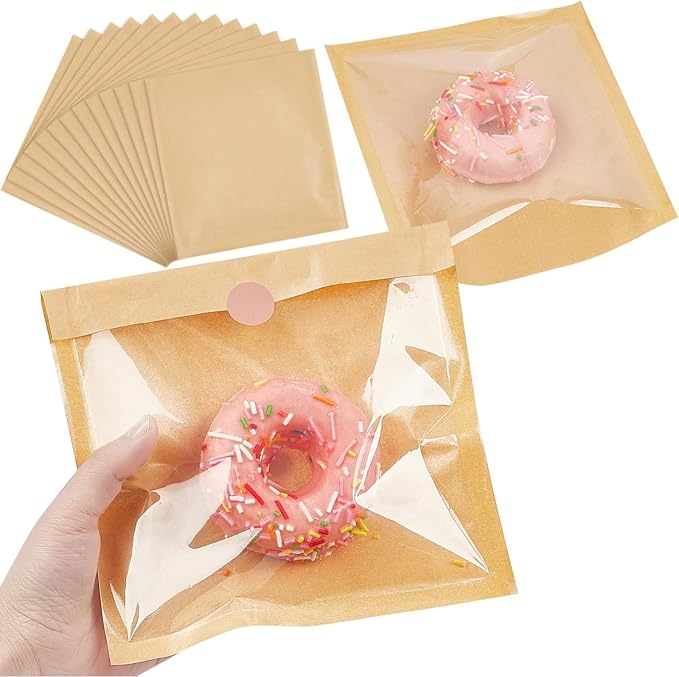 Ocmoiy 400ct Heat-Sealable Bakery Bags with Window for Egg Sandwich, Donut, Cookies Packaging, 7.1x7.5 Inches Clear Front Brown Paper Treat bags To go, Grease-Resistant (400)