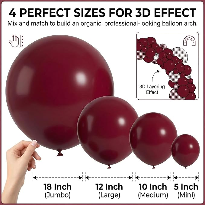 104pcs Burgundy Balloons Different Sizes Pack - 18/12/10/5 Inch Maroon Latex Balloons Garland Arch for Birthday, Wedding, Baby Shower, Valentines Day Party Decoration