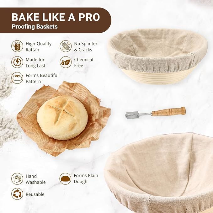 Sourdough Starter Kit | 34Oz Sourdough Bread Baking Supplies - Banneton Bread Proofing Basket, Sourdough kit Included 1x Bread Proofing Basket, Thermometer - Easy to Clean Banneton Basket