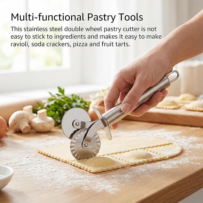 Double Wheel Pastry Cutter,Ravioli Pasta Cutter Wheel | Pie Cutter, Stainless Steel Dual-Head Baking Tool for Pizza, Noodles, Ergonomic Handle, Easy to Use & Clean