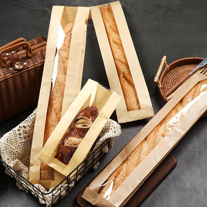 50 Pack Baguette Bags for Homemade Bread with Stickers, Reusable Kraft Paper Bread Bags, Long Sourdough Paper Bag with Clear Front Window