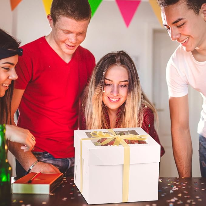 10 Pcs Cake Boxes, 10x10x8 Inches Tall Box with Lids Boards, White Bakery Boxes with Window, Square Box Boards with Lids for Cake, Donuts, Cookies, Wedding, Birthday, Party