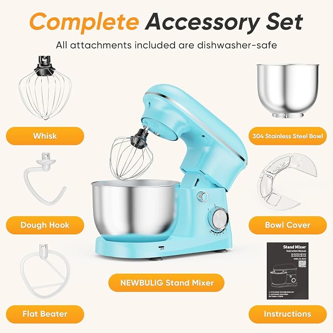 NEWBULIG Stand Mixer, Kitchen Aid Mixers Alternative, 300W 4.2Qt 10-Speed Electric Standing Mixer with Dough Hook, Whisk, Beater & Multi-Cover for Baking, Cakes and Home Cooking Needs