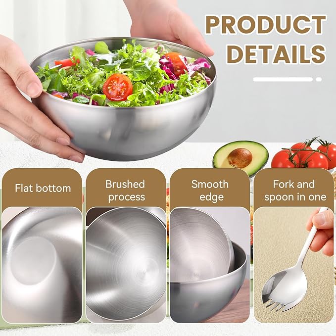 Mixing Bowls, 2 PCS Salad Bowls Set, Stainless Steel Metal Nesting Bowls with Salad Fork, 6 & 8 Inch Fruit Bowls for Cooking, Baking, Prepping, Dishwasher Safe Kitchen Supplies