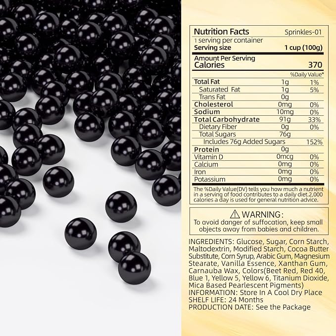 Bayep Edible Pearls for Cake Decorating 10mm Black Sprinkles for Cookies, Baking, Ice Cream, Cupcake Topper Pearl Sprinkles Perfect for Wedding Party Valentines Christmas Holiday Supplies 3.52 Ounce