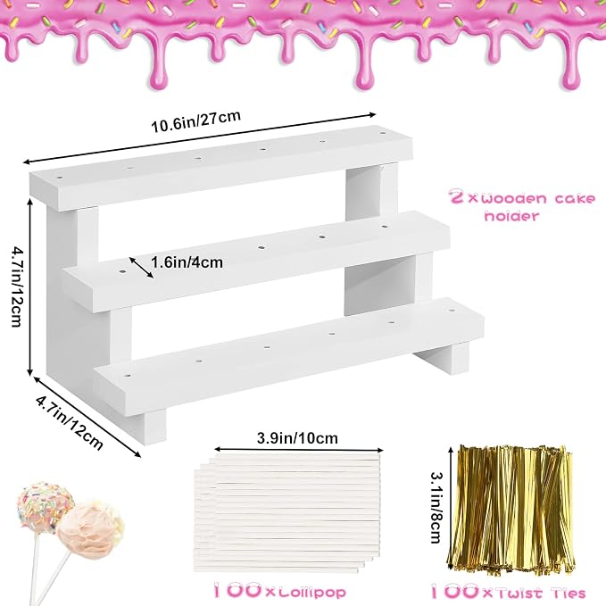 2Pcs Wood Cake Pop Stand, White Lollipop Holder 3 Tier with Twist Ties Lollipop Sticks, 17 Holes Sucker Display Riser for Dessert Table of Wedding Birthday Party