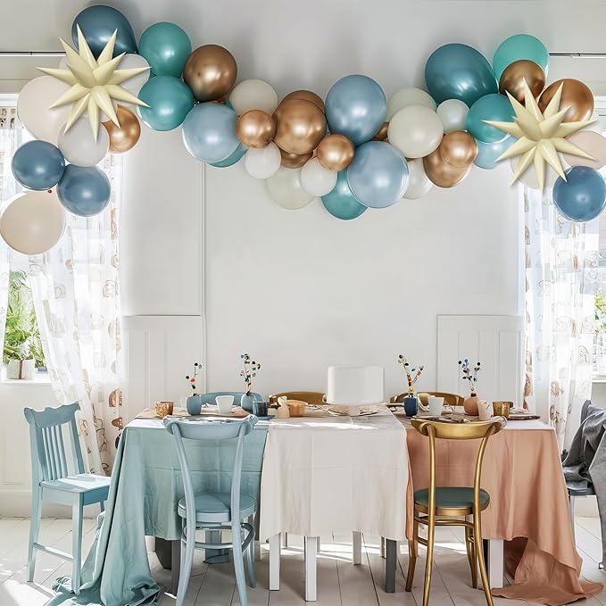 Dusty Blue and Gold Balloons Arch Kit with Beige Star Balloon, Baby Shower Balloons Garland Slate Blue Cream White Champagne Gold Balloons for Boho Boy Birthday Party Wedding Bridal Shower Decorations