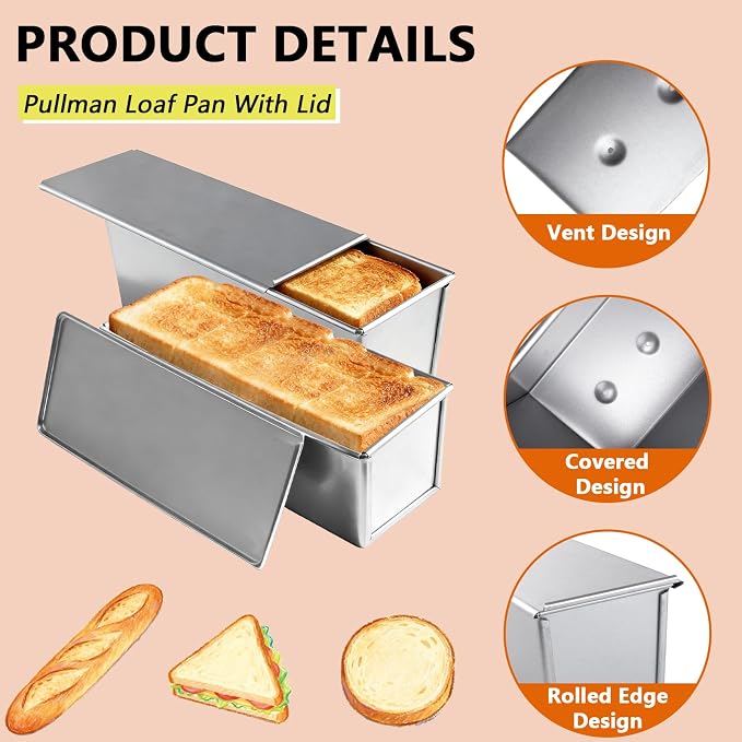 2 Pack Pullman Loaf Pan with Lid, 11.8x3.9 Inch Large Capacity Bread Loaf Pan with Cover, Non-Stick Bakeware for Baking and Toasting