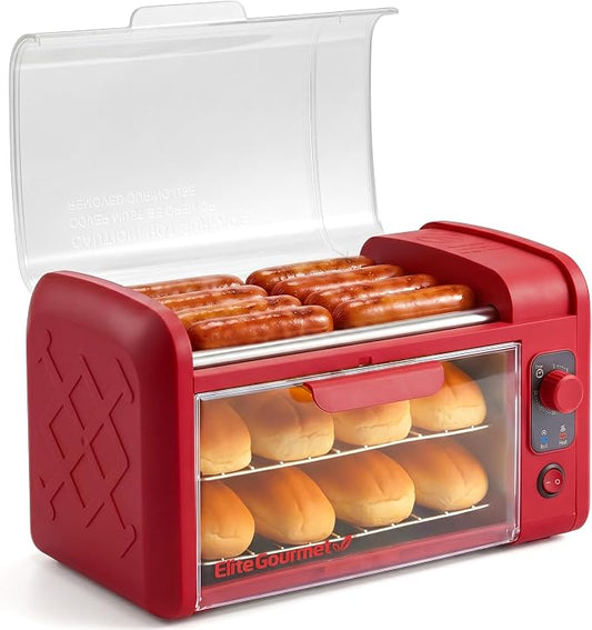 Elite Gourmet 8 Hot Dog Roller & Toaster Oven | 5 Stainless Steel Rollers, 30-Min Timer, Auto Shut-Off, 2 Warming Racks, Bun Warmer, Drip Pan | Cooks Brats, Sausages, Taquitos | Red