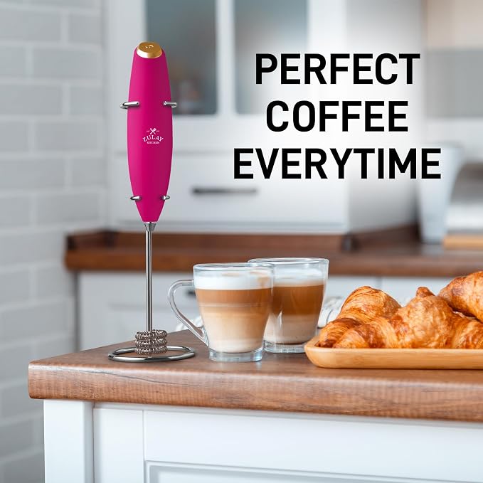 Zulay Kitchen Powerful Milk Frother Wand With Duracell Batteries - Ultra Fast Handheld Drink Mixer - Electric Whisk Foam Maker for Coffee, Lattes, Cappuccino & Matcha - Triple Whisk - Magenta Gold