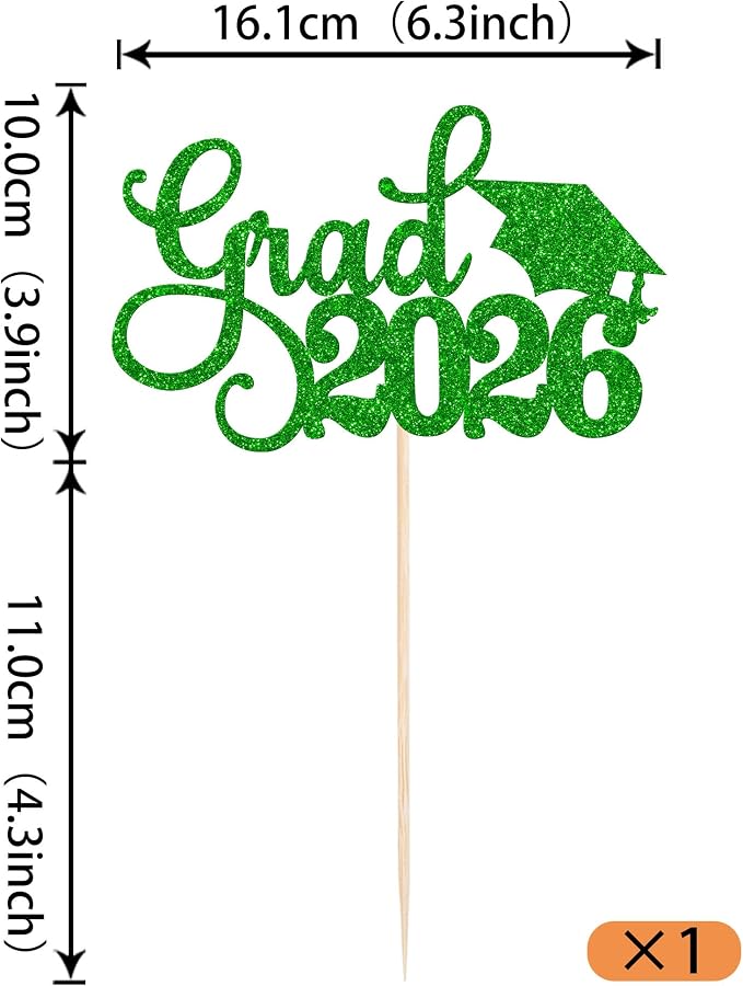 1 Pack Grad 2026 Cake Topper with Glitter Congrats Grad Cap Class of 2026 Cake Pick Decorations for 2026 Graduation Theme School Boys Girls Graduate Party Supplies Green