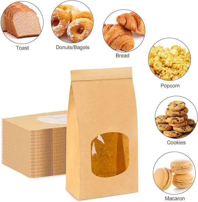 Ocmoiy Medium Bakery Cookie Bags with Window, 4.5x2.36x9.6 Inches, 100 Pcs | Tin Tie Tab Lock, Kraft Paper Bags, With Thank You Stickers, For Cookie, Coffee, Bread