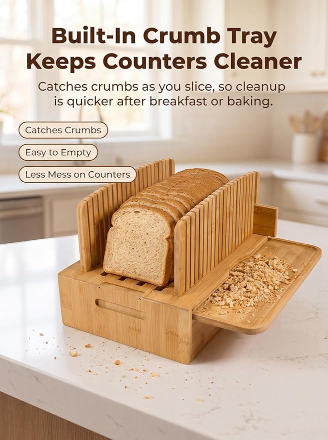 Natural Bamboo Bread Slicer, Bread Slicer Guide for Homemade Bread, Foldable Space-Saving Loaf Guide with Crumb Tray, Adjustable Thickness for Even Slices, Sturdy Cutter for Sourdough and Toast