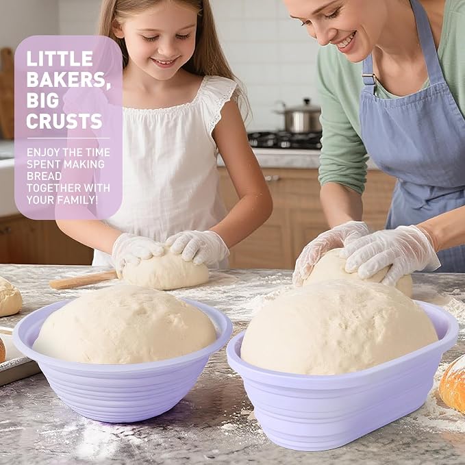Sourdough Starter Kit,9" Round & 10" Oval Silicone Banneton Bread Proofing Basket Set with Reinforced Support,Sourdough Bread Baking Supplies Kit,34oz Sourdough Starter Jar,Baking Mat(Purple)