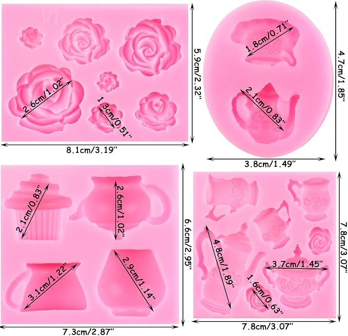 Mujiang Teapot Silicone Mold Tea Cup Fondant Mold Ice Cream Candy Molds Rose Flower Chocolate Mold For Tea Party Cake Decorating Cupcake Topper Polymer Clay Gum Paste Set Of 4