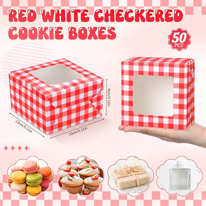 50 Pack Red Gingham Cookie Boxes with Window, Small Plaid Bakery Treat Boxes for Pastry Donuts Macaroon Cupcakes, Wedding Bridal Baby Shower Birthday Party Favors