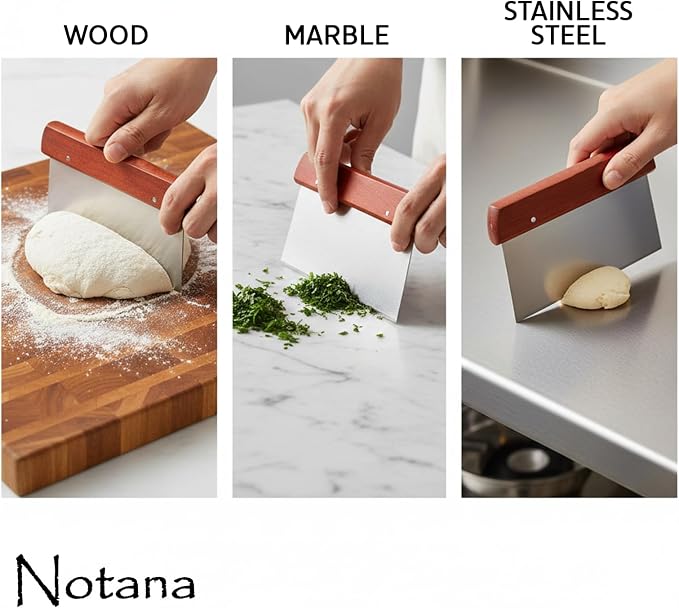 Wood Bench Scraper Stainless Steel - Professional Dough Cutter Tool for Bread Making, Pastry Scraper, Premium Multi-Purpose Kitchen Scraper for Baking and Chopping