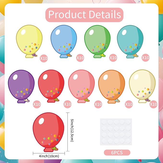 Vuzvuv 90Pcs 5In Balloon Paper Cutouts with 180Pcs Glue Points,Balloon Cut Outs Bulletin Board Decorations for Birthday Party Theme Decor Supplies